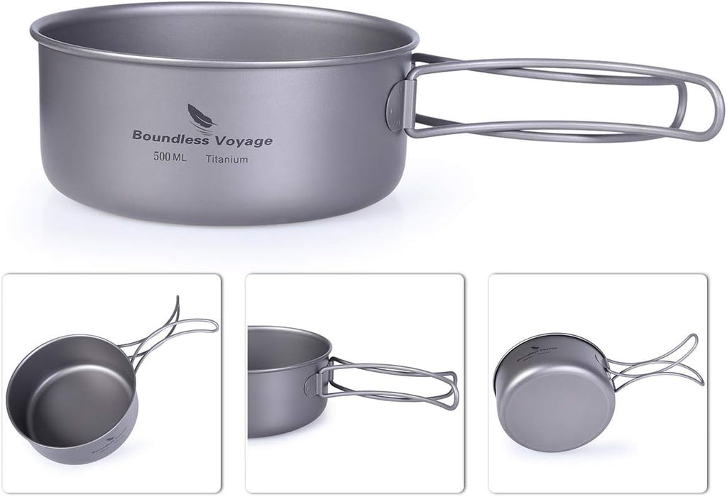 Boundless Voyage Outdoor Camping Titanium Pot Pan Set - Ultralight Cookware with Folding Handle