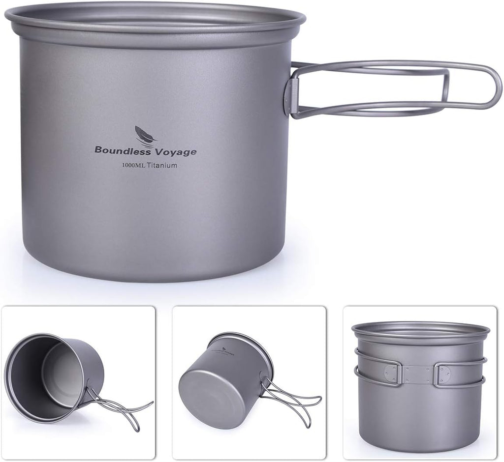 Boundless Voyage Outdoor Camping Titanium Pot Pan Set - Ultralight Cookware with Folding Handle