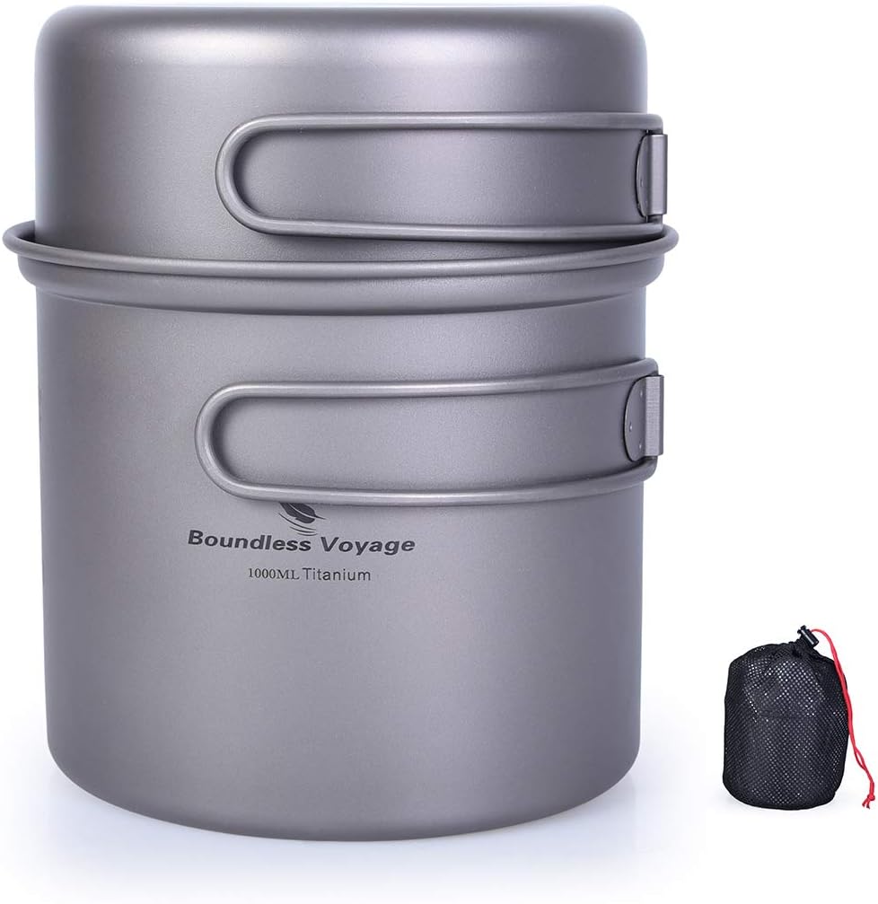 Boundless Voyage Outdoor Camping Titanium Pot Pan Set - Ultralight Cookware with Folding Handle