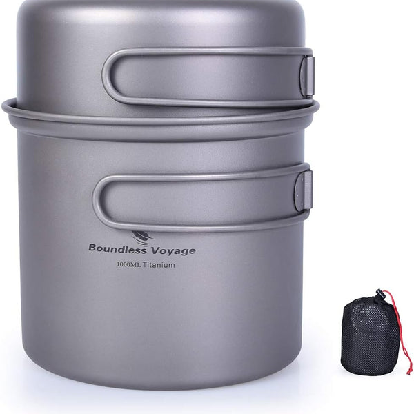 Boundless Voyage Outdoor Camping Titanium Pot Pan Set - Ultralight Cookware with Folding Handle