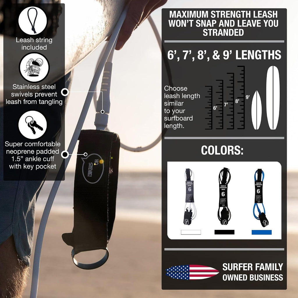 Ho Stevie! Premium Surf and SUP Leash 9ft - Max Strength Kink-Free with Padded Ankle Cuff