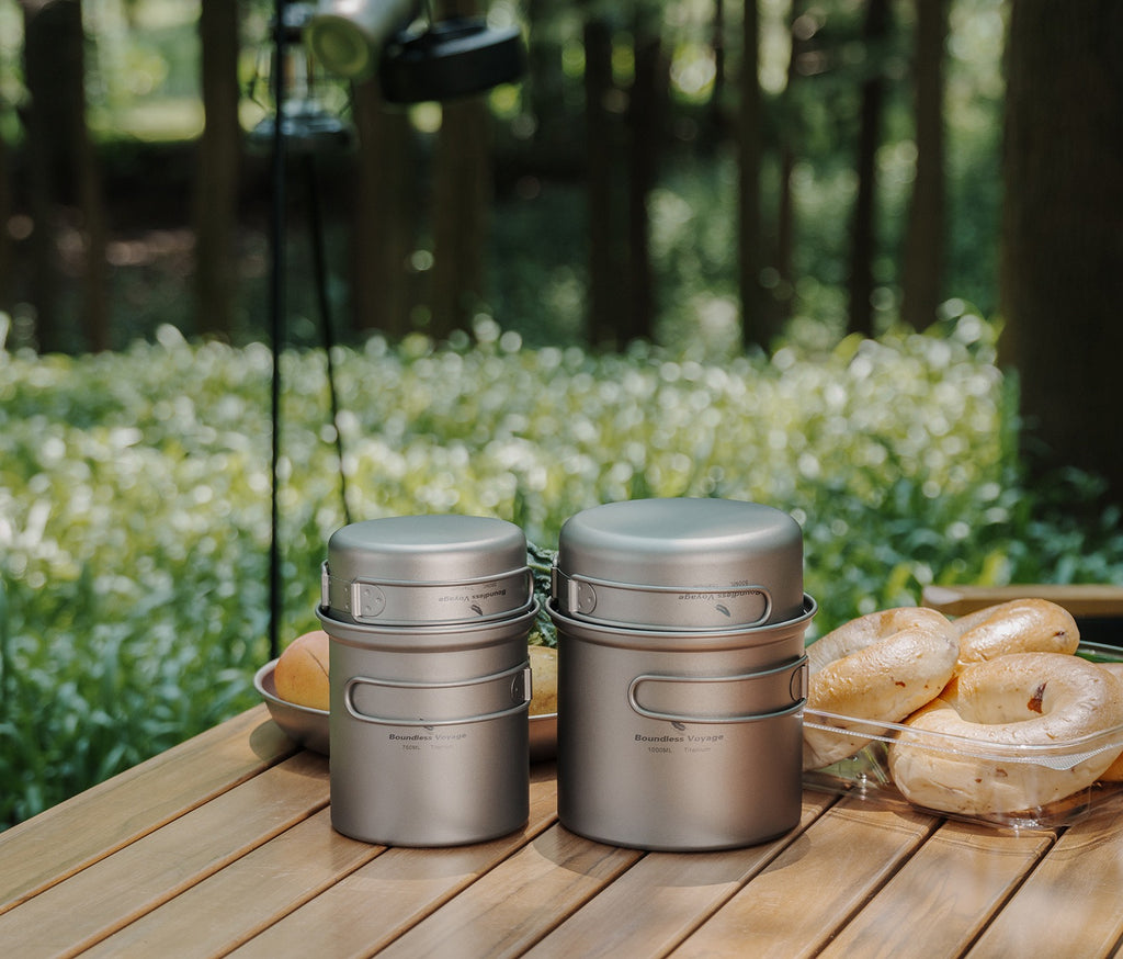 Boundless Voyage Outdoor Camping Titanium Pot Pan Set - Ultralight Cookware with Folding Handle