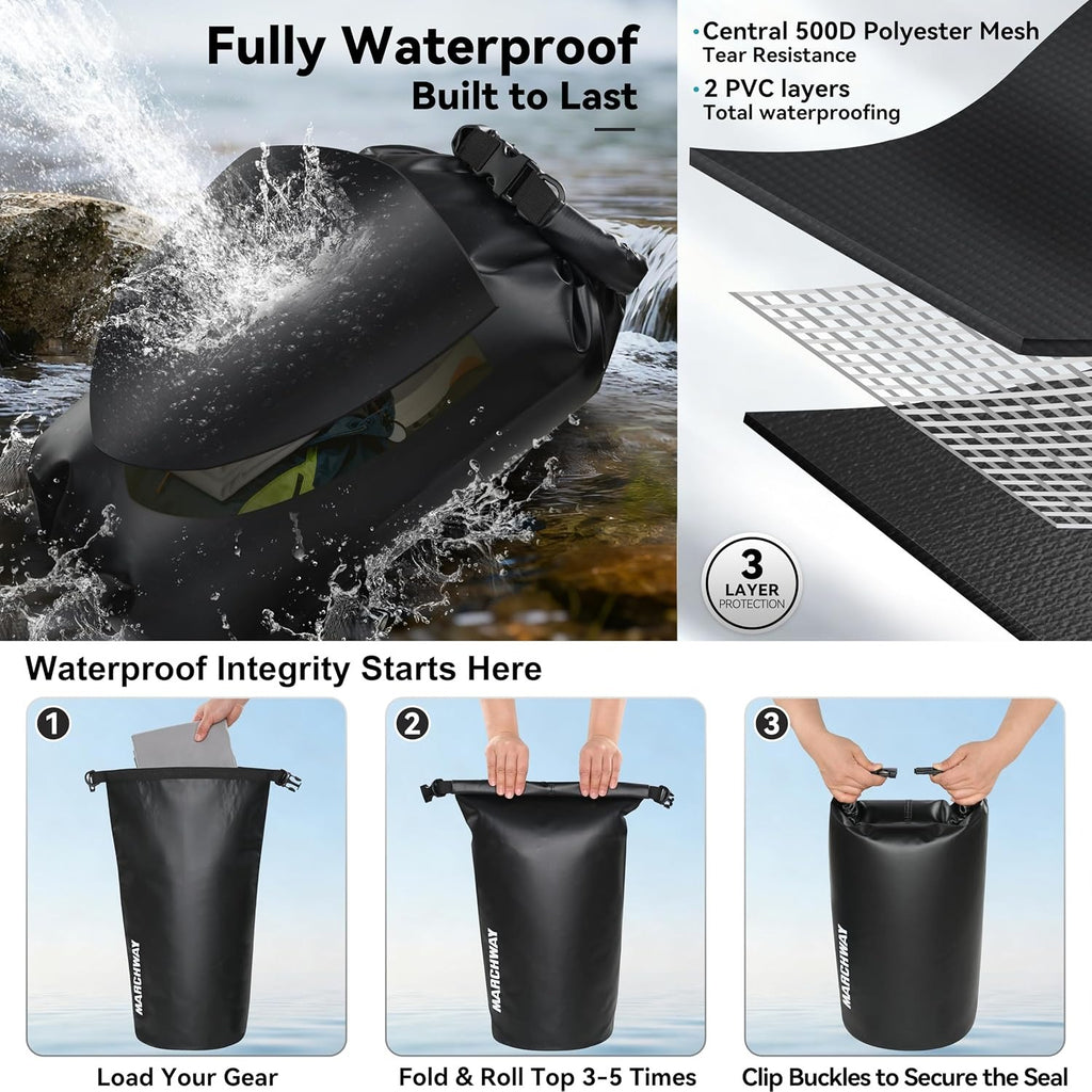 MARCHWAY 5L Floating Waterproof Dry Bag - Roll-Top Backpack 500D Tarpaulin