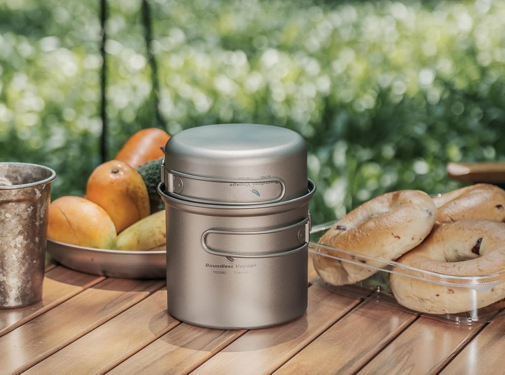 Boundless Voyage Outdoor Camping Titanium Pot Pan Set - Ultralight Cookware with Folding Handle