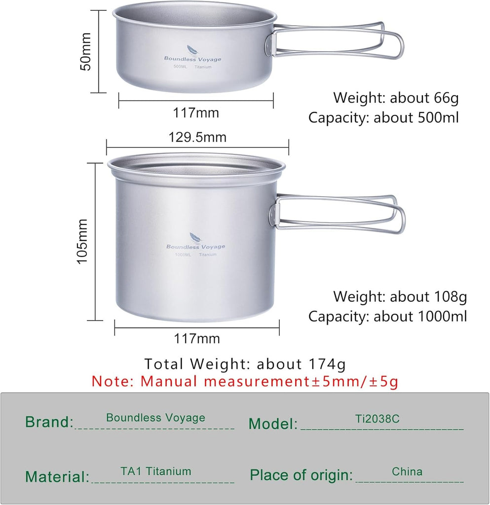 Boundless Voyage Outdoor Camping Titanium Pot Pan Set - Ultralight Cookware with Folding Handle