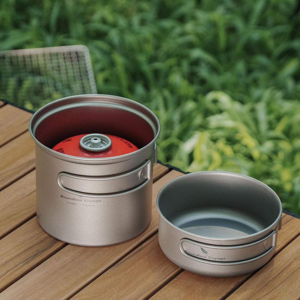 Boundless Voyage Outdoor Camping Titanium Pot Pan Set - Ultralight Cookware with Folding Handle