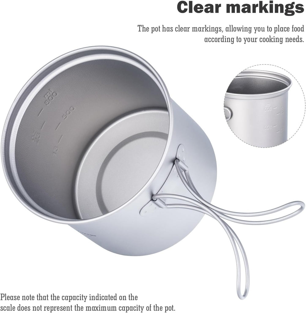 Boundless Voyage Outdoor Camping Titanium Pot Pan Set - Ultralight Cookware with Folding Handle