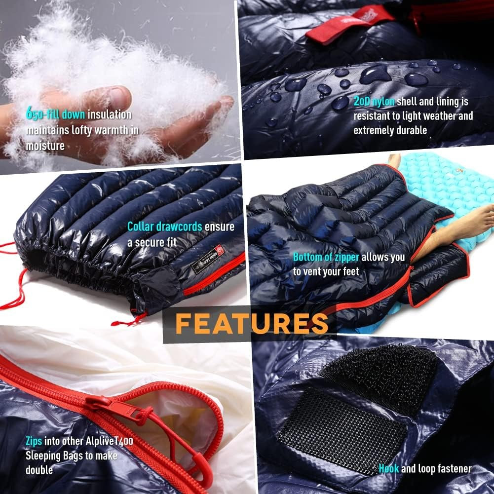 ZOOOBELIVES Ultralight Backpacking Down Sleeping Bag 32-50F - 650 Fill Power 770g Compressible