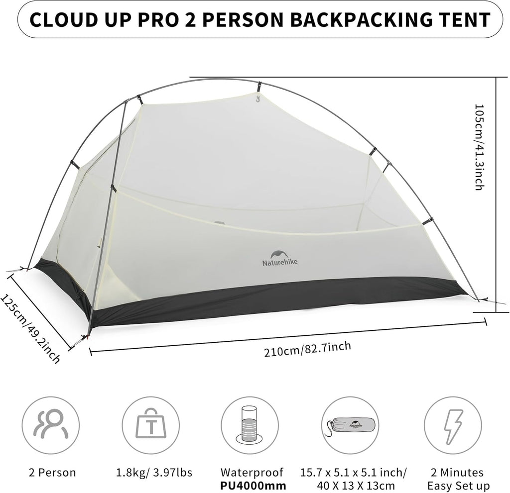 Naturehike Cloud Up 2 Person 3-Season Backpacking Tent - 4000mm Waterproof 20D Nylon with Footprint